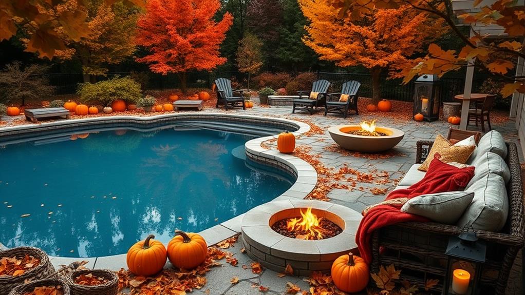 autumn themed pool area decor