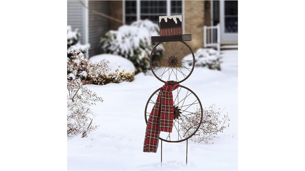 metal bike wheel snowman