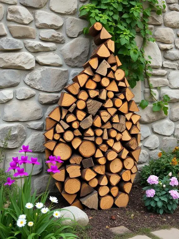 sculptural wood stacks outdoors